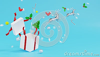 3d rendering 2 glass reindeer jump from White giftbox with red ribbon and snowflakes on blue background Stock Photo