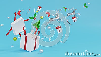 3d rendering 2 glass reindeer jump from White giftbox with red ribbon and snowflakes on blue background Stock Photo