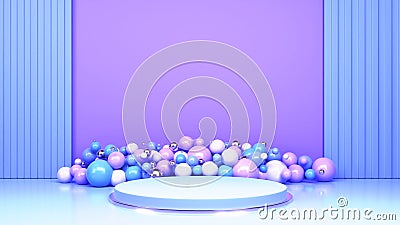 3D Rendering Glossy Balls With Empty Podium Or Stage Against Blue And Purple Stock Photo