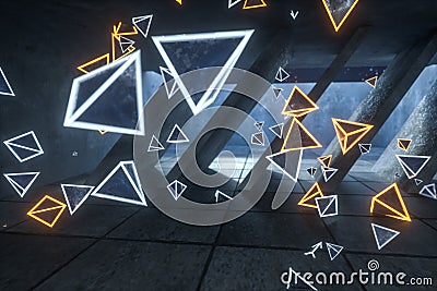 3d rendering, glowing magic triangles in abandoned room, dark background Cartoon Illustration