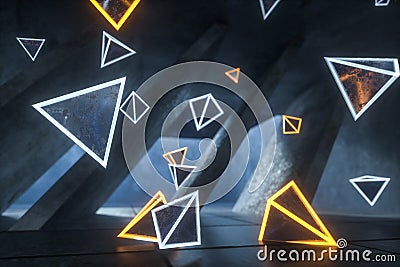 3d rendering, glowing magic triangles in abandoned room, dark background Cartoon Illustration