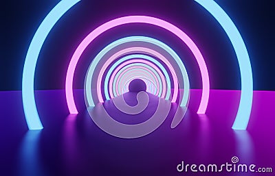 3d rendering of glowing neon ring and dark blue-purple background. Cyber Futuristic High Speed light zoom. Circles show fashion. Stock Photo