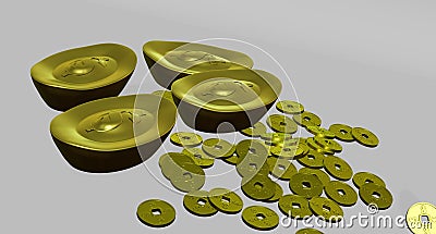 3D rendering gold bar and gold coin in chinese style has dollar sign Stock Photo