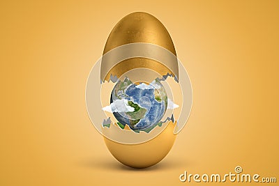 3d rendering of gold egg cracked in two, lower half with green grass inside, upper half in air, with little Earth globe Stock Photo