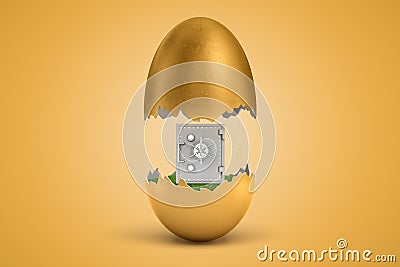 3d rendering of gold egg cracked in two, lower half with green grass inside, upper half in air, with metal money safe Stock Photo