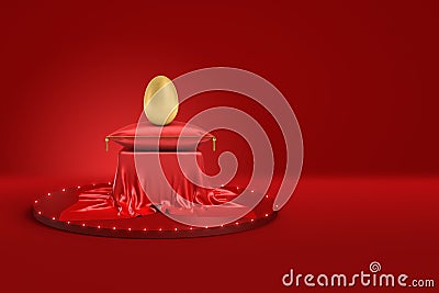 3d rendering of a gold egg on a red royal pillow lying on a small table which stands on a red dias on red background. Stock Photo
