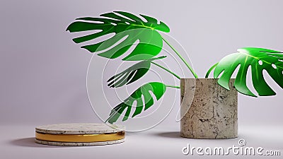3D rendering of Gold-patterned marble podium and ornamental plants background. Mockup for show product Stock Photo