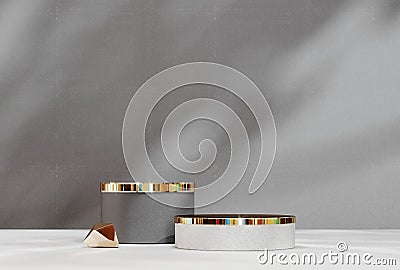 3D rendering gold podium geometry. Abstract pastel geometric shape blank platform. Empty showcase pedestal product Stock Photo