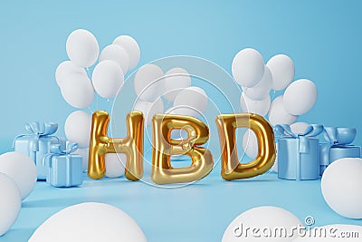 3d rendering. gold text HBD, blue gift box and white balloons, composition on blue background. design for birthday Stock Photo