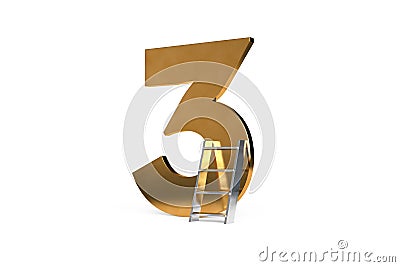 3D Rendering Golden Color Number Three with Step Ladder Stock Photo