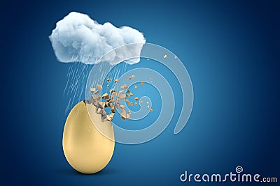 3d rendering of golden egg starting to dissolve in pieces, under raining cloud on blue background with copy space. Stock Photo