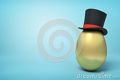 3d rendering of golden egg wearing black tophat standing on the right with much copy space on the rest of light blue Stock Photo