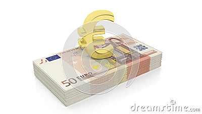 3D rendering of golden Euro symbol on 50 Euros banknote stack Stock Photo