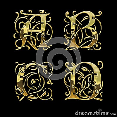 Golden gothic style font alphabet - letters A-D Stock Photo