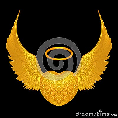 3D Rendering of a Golden Heart with Angel Wings Isolated on Black Stock Photo