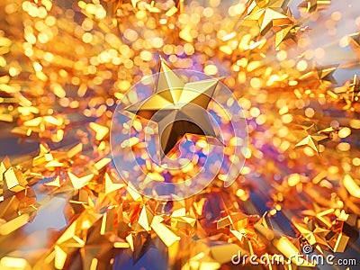 3d rendering golden stars moving on blur bokeh background with creative zooming. Stock Photo