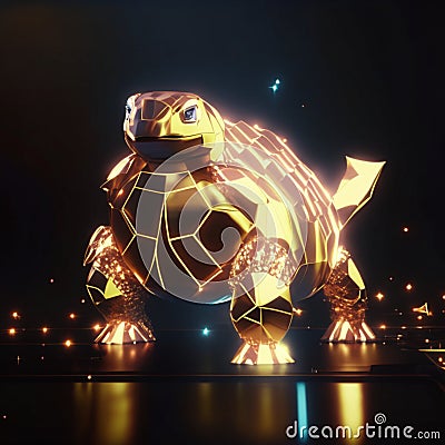 3D rendering of a golden turtle on a dark background with lights Generative AI Stock Photo