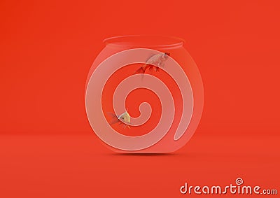 3D rendering of goldfish in a small round aquarium isolated on a red background Stock Photo