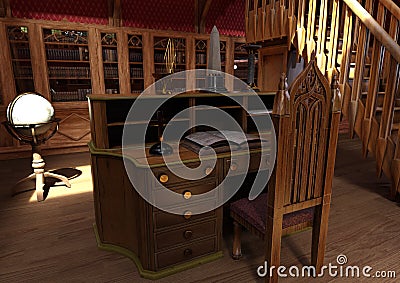 3D Rendering Gothic Library Stock Photo