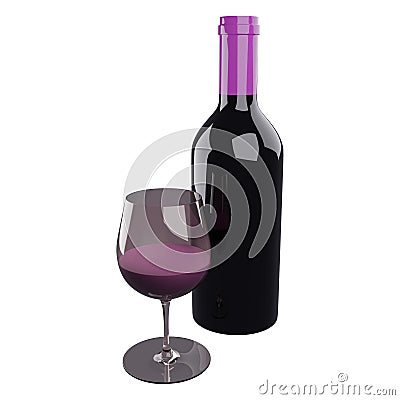 3D rendering grape wine bottle and glass on white background Stock Photo