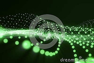 3d rendering green abstract digital wave form on dark background, connecting dots and lines, with light rays. Stock Photo
