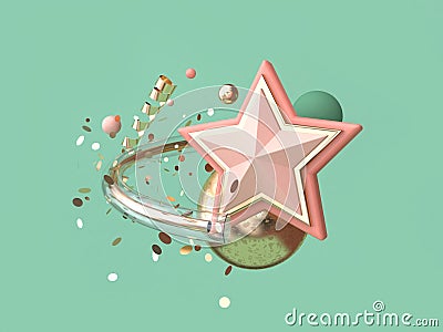 3d rendering green background abstract pink star many object decoration floating christmas concept Stock Photo