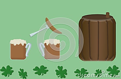A barrel, two mugs of beer and a sausage. Stock Photo
