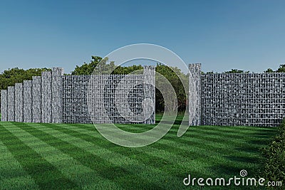 3d rendering of green garden with gabion wall and stone palisade Stock Photo