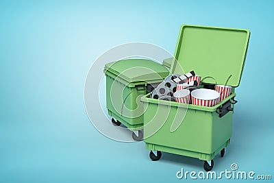 3d rendering of green trash bins with popcorn buckets, film reels and movie clapper inside on blue background Stock Photo