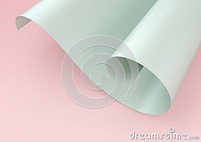 3d rendering of green waved paper isolated on pink background. Part of twirled paper. Stock Photo