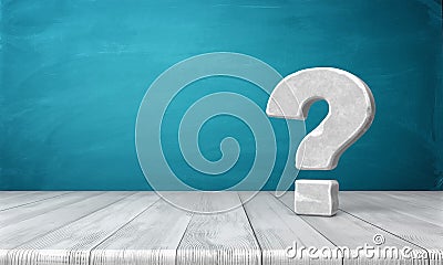 3d rendering of a grey-white question mark made of stone standing on a wooden table on blue background. Stock Photo