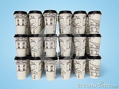3d rendering of group of disposable paper cups on blue background with shadow Stock Photo