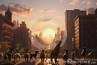 3d rendering of a group of dogs in the city at sunset, A group of dogs enjoys a sunset stroll in the city, featuring dachshunds Stock Photo