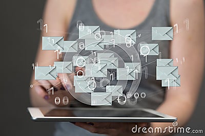 3D rendering of a group of floating email icons on a tablet - communication concept Stock Photo