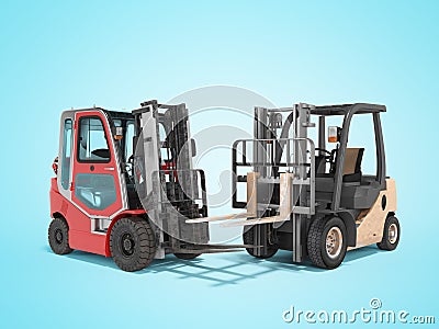 3d rendering of group of forklift trucks for warehouse on blue background with shadow Stock Photo