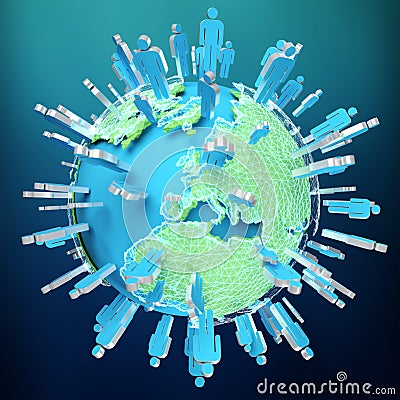 3D rendering group of icons people surrounding planet Earth Stock Photo