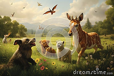 3D rendering of a group of wild animals in a meadow, A cute dog watches a movie on a laptop screen, creating an adorable scene, AI Stock Photo