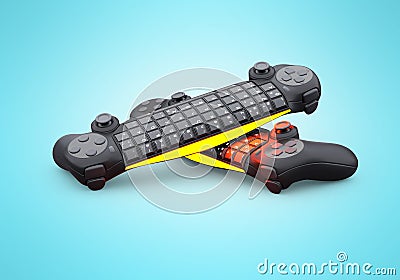 3d rendering group of wireless joystick with keyboard on blue background with shadow Stock Photo