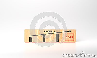 3d rendering Growth of revenue in 2023 concept. Analytics, plan, goals, strategy, achievement. Financial statement. Goals business Stock Photo