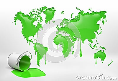 3d rendering of a half empty bucket lying on its side near a large word map with all continents leaking paint. Stock Photo
