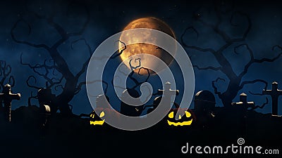 3D rendering Halloween background with haunted house, bats and pumpkins, graves, at misty night spooky with fantastic big moon in Stock Photo