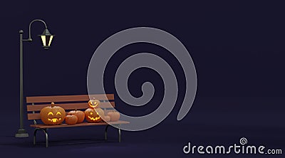 3d rendering Halloween background with pumpink on bench Stock Photo