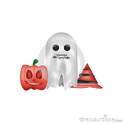 3d rendering halloween pumpkin ghost and witch hat design Vector Illustration