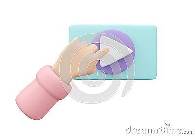 3D Rendering of hand click start to play music start player icon isolated on background Cartoon Illustration