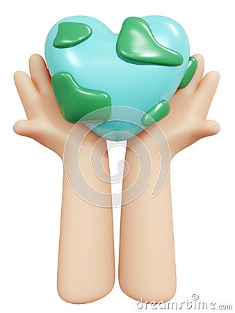 3D Rendering hand holding globe icon in heart shape isolated on white Cartoon Illustration