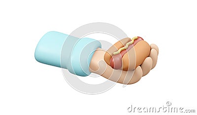 3D Rendering of hand holding hotdog isolate on white background. Cartoon Illustration