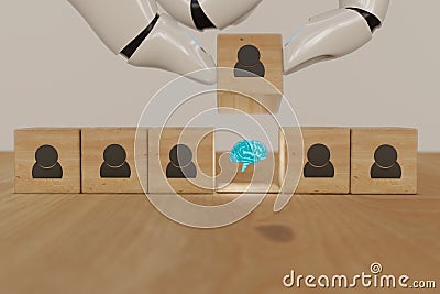 3d rendering hand robot artificial intelligence man try to find, pull or put an idea after the positive thinking team are brainsto Stock Photo