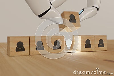 3d rendering hand robot artificial intelligence man try to find, pull or put an idea after the positive thinking team are brainsto Stock Photo