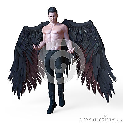 Rendering of a handsome male dark angel with black wings Cartoon Illustration