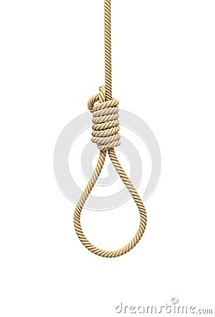 3d rendering of a hangman`s noose made of natural beige rope hanging on a white background. Stock Photo